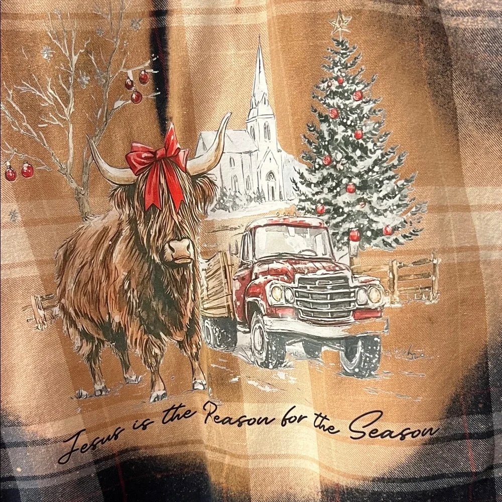Christmas Flannel Highland Cow and Truck Jesus is the Reason Acid Washed shirt